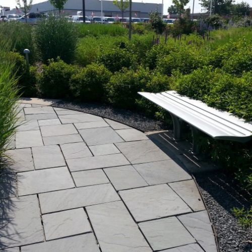 A bench sits alongside a wide, curved path of smooth, closely spaced flat stones with shrubs and ornamental grasses on either side.