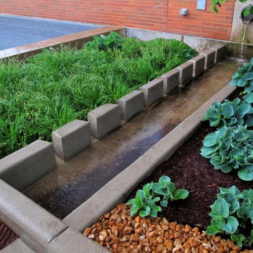 Water drains between two low walls, one of which has intermittent openings. On either side are gardens planted with perennials.