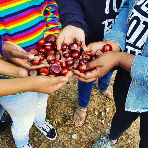4 BIPOC people, one in a rainbow shirt, cup their hands together holding chestnut seeds.