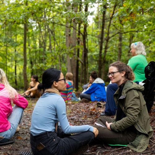 Participants sit in pairs on the leaf-littered ground, with each person engaging in meaningful conversation with their partner. In the background are trees that tower over the crowd of pairs, creating a bright green canopy that looms overhead.