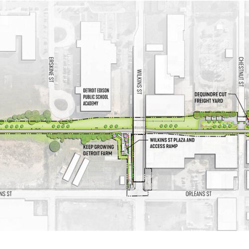 A black and white map detailing the expanse of the first phase of the Dequindre Cut Greenway. The Greenway sections are colored in green. 