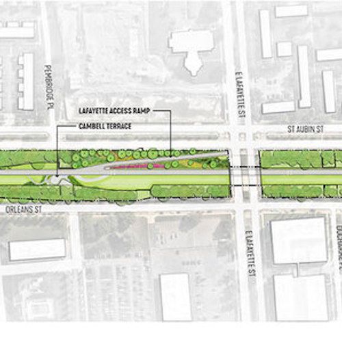 A black and white map detailing the second phase expanse of the Dequindre Cut Greenway. The Greenway is shown in green color.