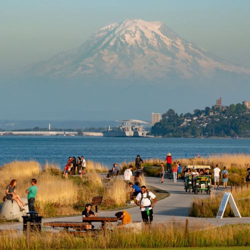 Winding paths with children, adults, and vendors with Mt. Rainier in background.