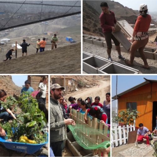 Collage of 5 small images shows stacks of wooden pickets, concrete blocks, a jumble of stones, people painting rectangular concrete boxes, and scenes of what appear to be construction of garden beds.