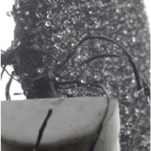 Close-up black and white photo shows water droplets clinging to what appears to be a piece of fabric.