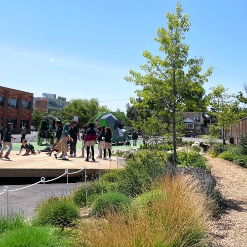 Students gather on an elevated wooden platform next to a walking trail. The trail has native plants on either side. 