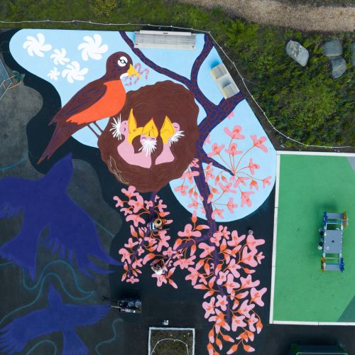 Aerial view of a portion of the colorful literacy loop with a sparrow feeding its babies.