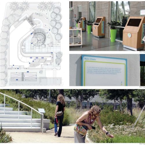 Collage image has a site map illustration and three photos: one of indoor kiosks, one of a wall plaque with information about a rain chain, and one showing two people along a path through a garden.