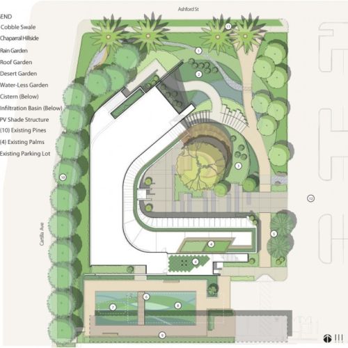 Site plan illustration shows a building surrounded by walkways and plantings with a legend.