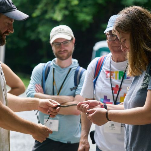 An animal handler lets an excited participant gently hold a small, gray snake while others watch.