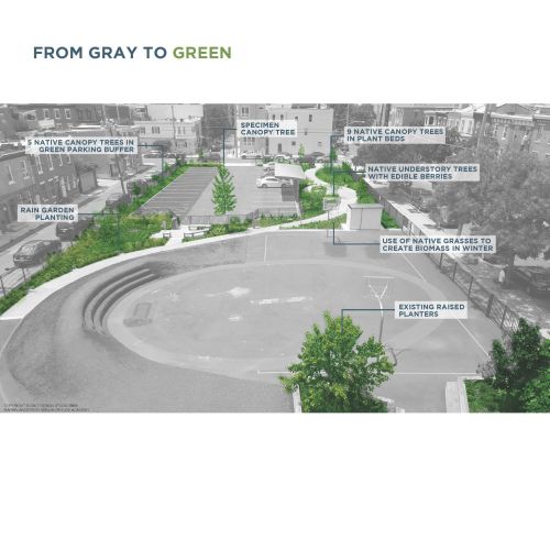Black-and-white photo has the planted areas highlighted in green. Callouts list the locations of trees and gardens.