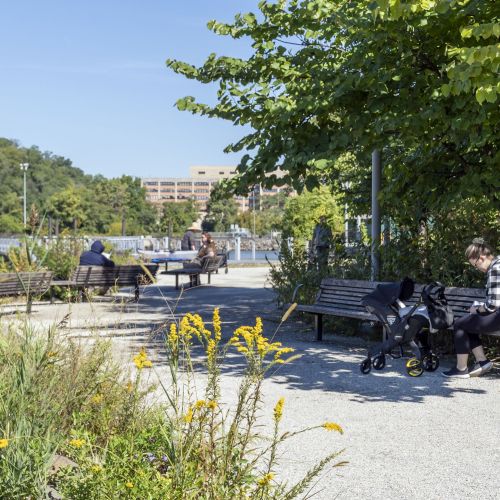 People sit on benches along a gravel path, with a waterway, trees, and buildings in the background. 