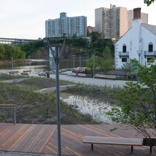 Boardwalk in the foreground overlooking a marshy area with buildings in the background.