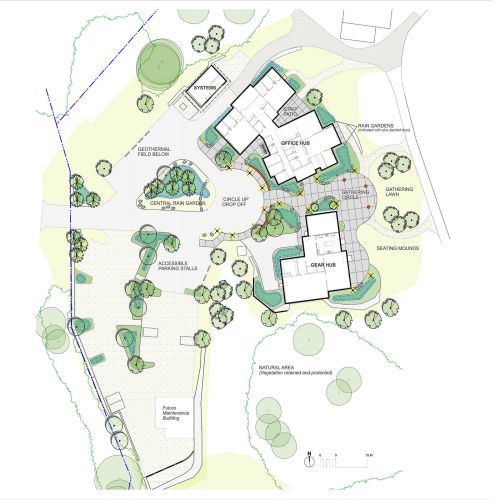 Drawing of a site plan with buildings and landscape areas labeled. 