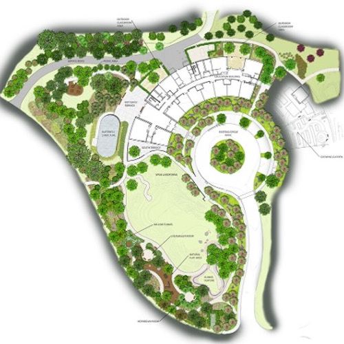 Architectural illustration shows the layout of the Regenstein Learning Campus at the Chicago Botanic Garden.