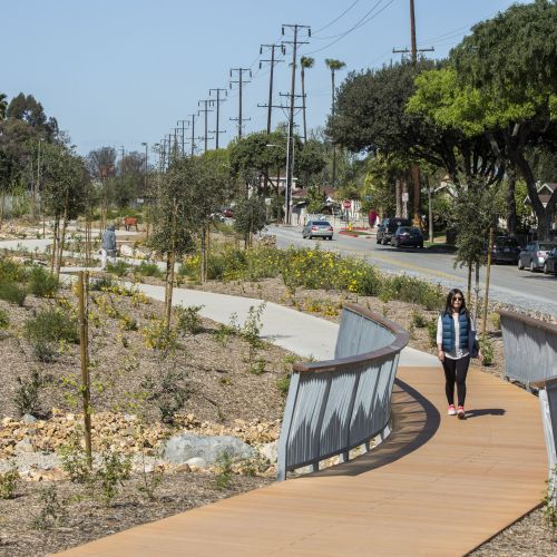 A person walks along a wide, curved path, with planted areas on either side of the path. There’s a street on the right with houses and parked cars.