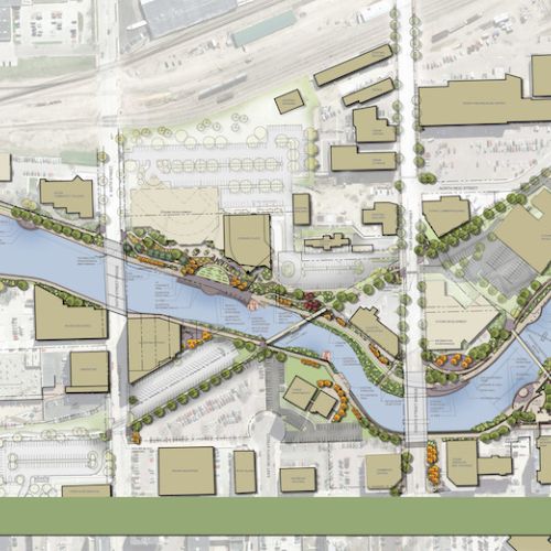 An illustration shows an aerial view of the greenway site plan along the river.