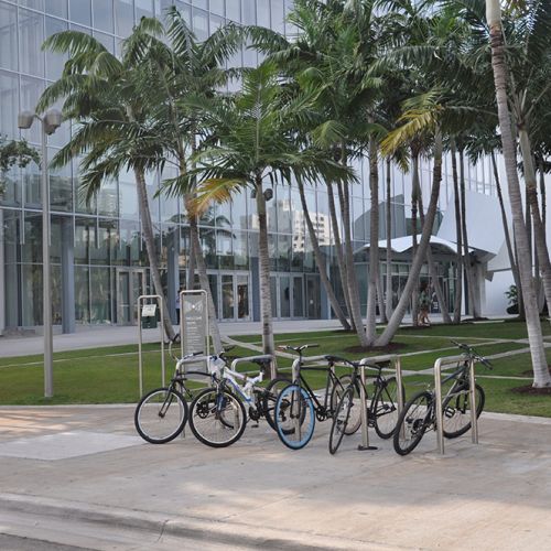 A bicycle rack on a wide, concrete pathway holds several bicycles. In the background are palm trees and a large building.