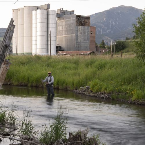 Person fishing in a river. In the background there’s a grassy bank, large building, and mountains.