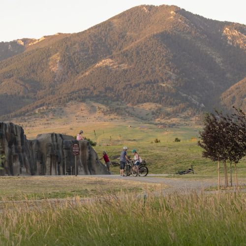 People walking and riding bicycles on a path with tall grass on either side of the path and mountains in the background.