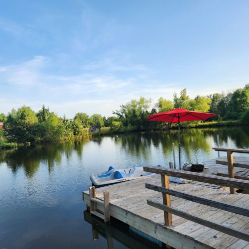 A blue peddle boat in a pond is docked next to a wooden dock with railings and a red umbrella for shade cover. Trees ring the pond in the background.