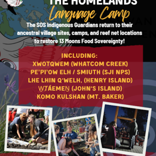 Poster with header text reading "Learning From the Homelands Language Camp". Below the header is additional descriptive text and three photographs of camp life.
