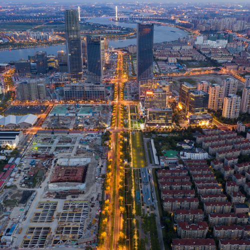 Nighttime aerial photo of project.
