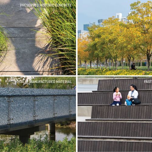 Collage of four photos showing a walkway, trees, side of bridge, and people sitting on benches.
