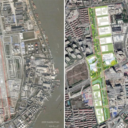 Two side-by-side aerial images of the area before the project was done. The image on the right has an annotated overlay diagram of project components.