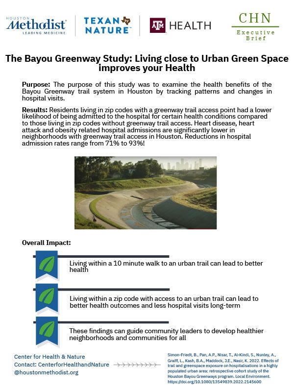 The Bayou Greenway Study: Living close to Urban Green Space improves your Health