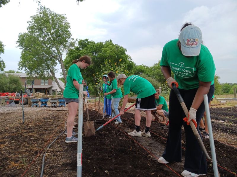 Seed Crew students diligently plow a row of soil in preparation for seed planting at Conundrum Farms. Lined up behind them are other already plowed rows. In the background are tall trees and a farm building; the sky above them is cloudy, which offers plenty of shade.