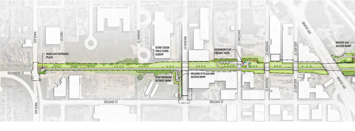 A black and white map detailing the expanse of the first phase of the Dequindre Cut Greenway. The Greenway sections are colored in green.